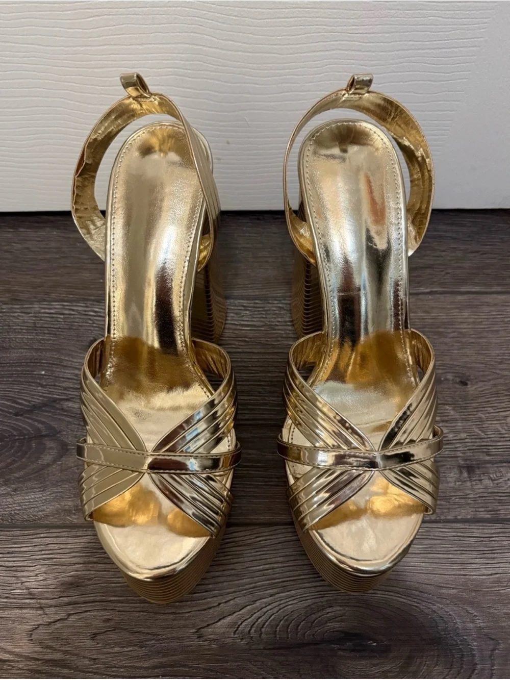 Size 9 Gold Metallic Platform Block Heel Sandals